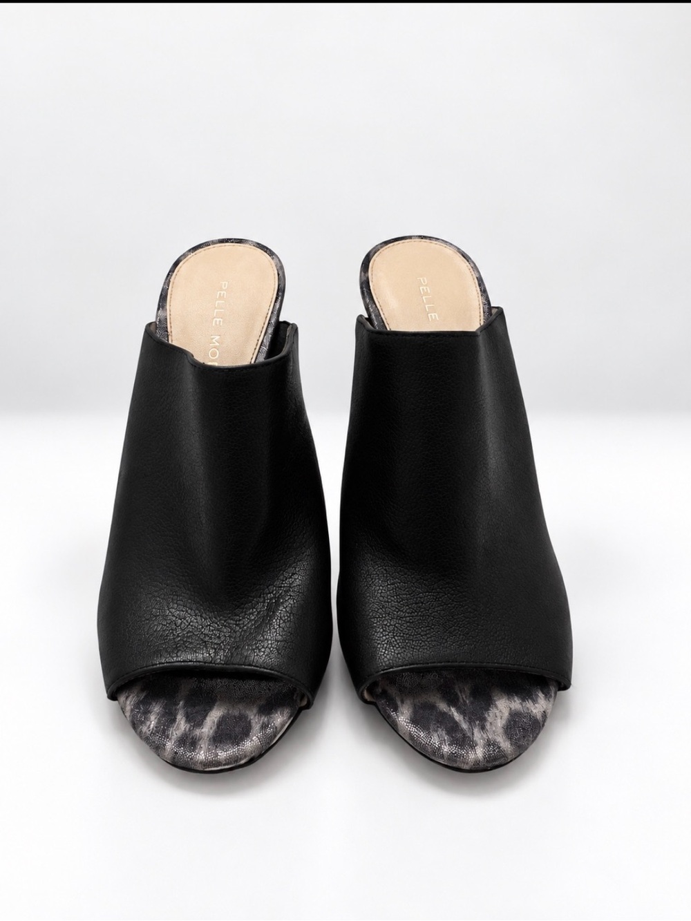 Pelle Moda Black Leather & Gray Glitter Animal Print Heels – Size 6